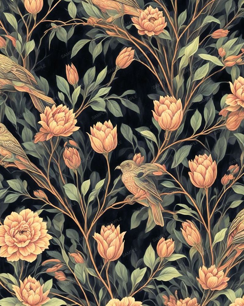 Baroque Dark Birds and Flowers Wallpaper