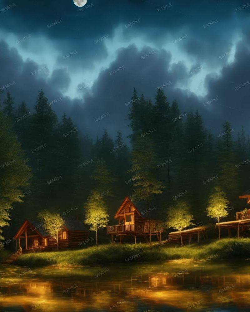 Cabins on a Lake at Night