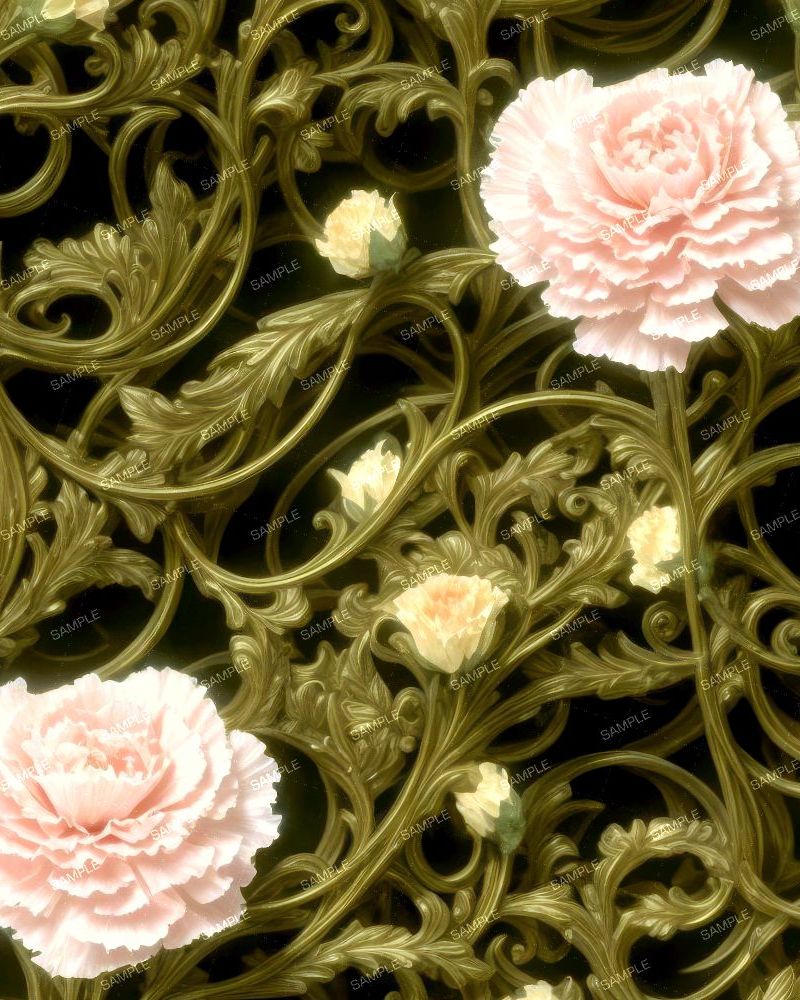 Carnations on Green Acanthus Scrollwork