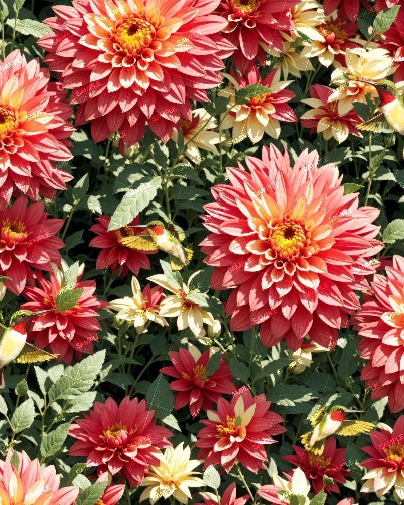 Dahlias with Hummingbirds