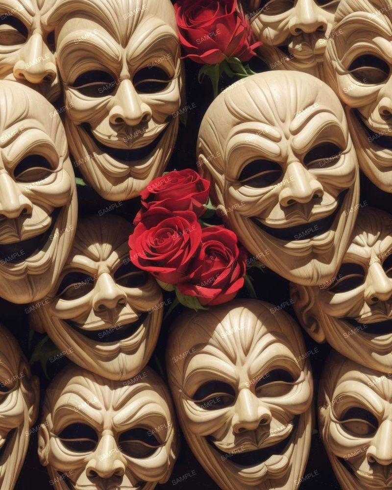 Grotesque Masks and Red Roses