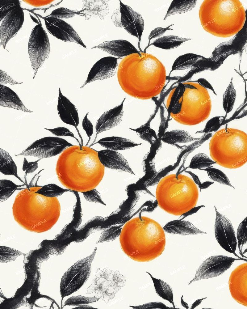 Mandarin Oranges Chinese Ink Drawing