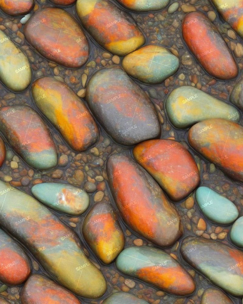 Multi colored river rocks with water flowing around them