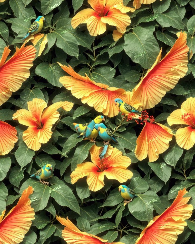 Parakeets in a Hibiscus Bush 42