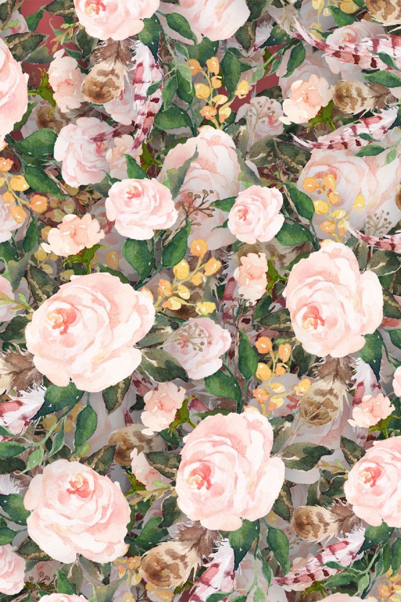 Pink Watercolor Flowers and Feathers