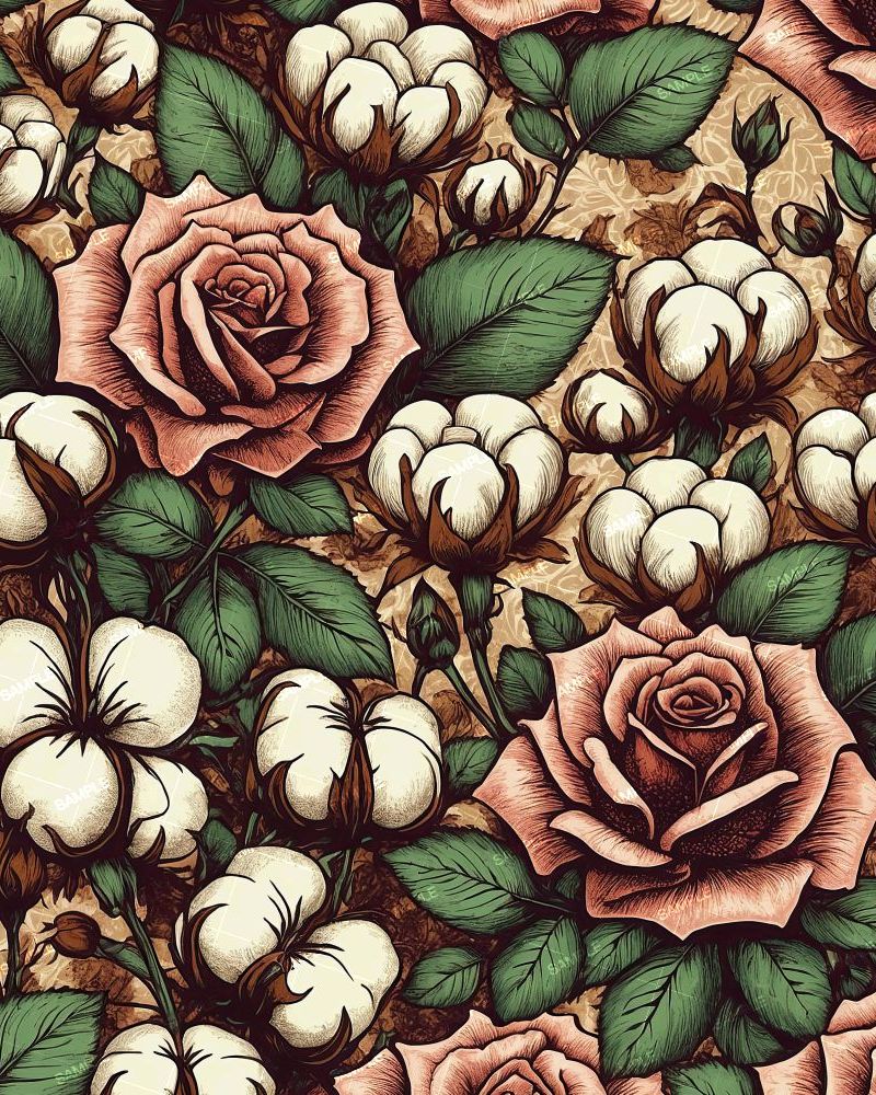 Roses and Cotton Bolls Engraving