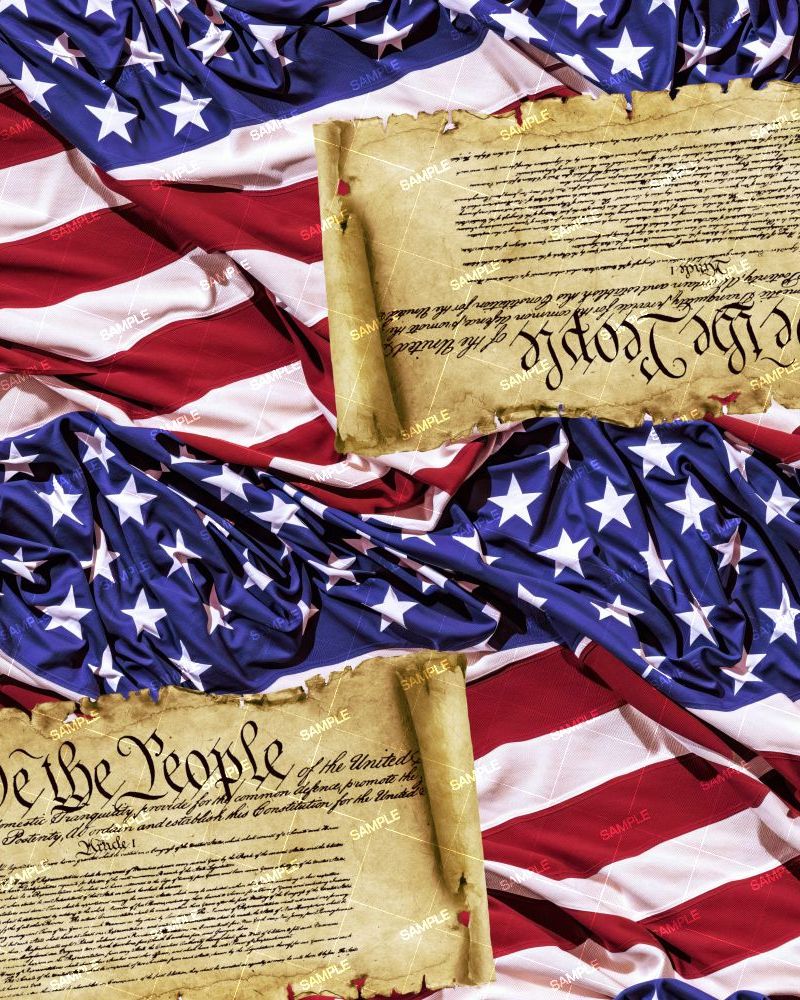 Rumpled Patriotic US Flag With Constitution