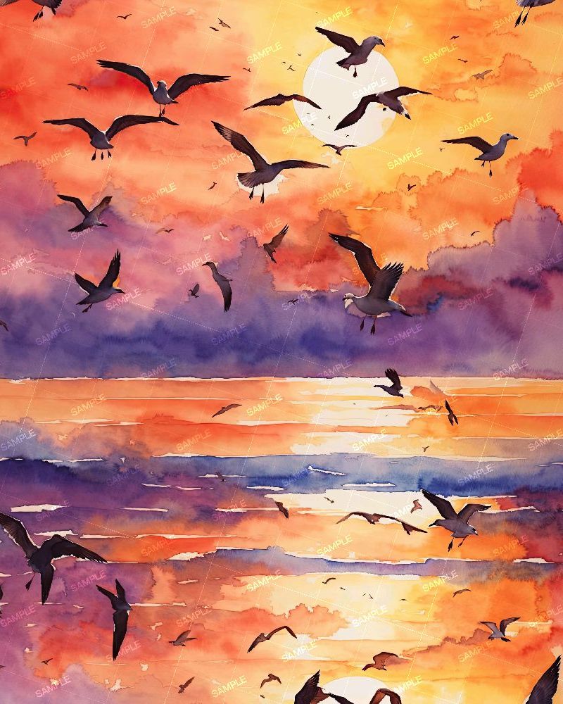 Seagulls at Sunset Watercolor