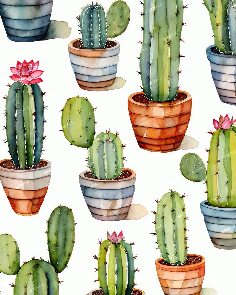 Watercolor Potted Cacti
