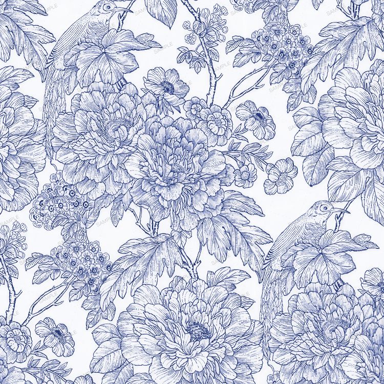 Blue Line Bird and Flowers Wallpaper