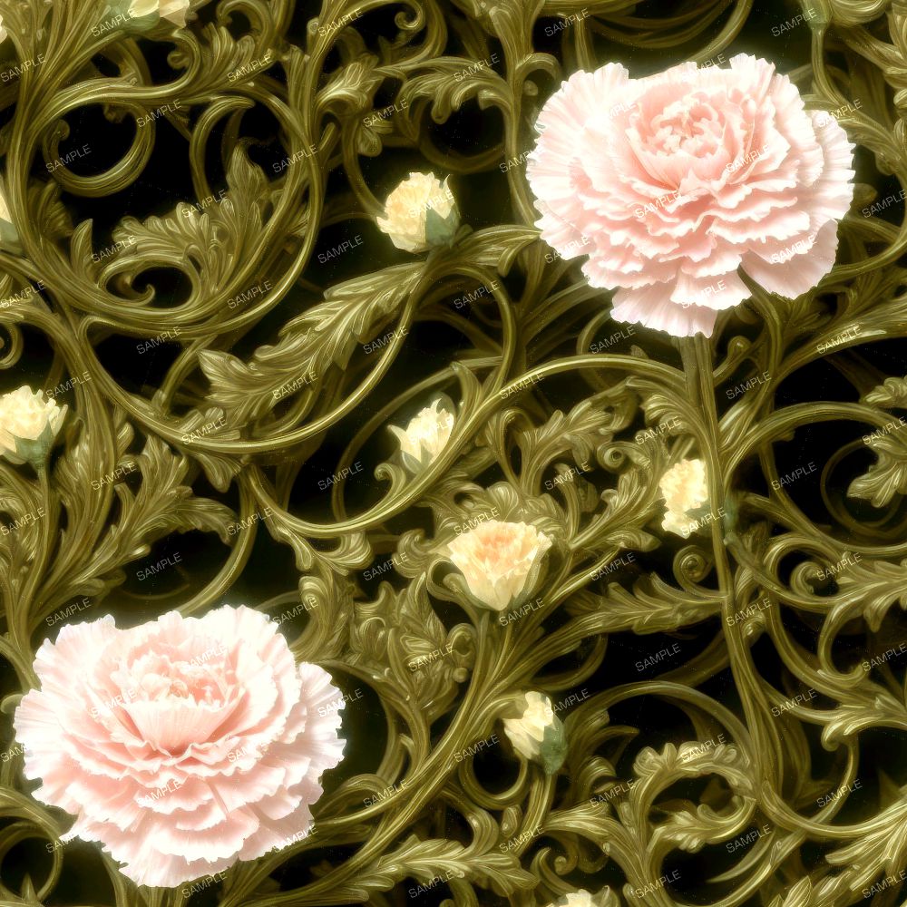 Carnations on Green Acanthus Scrollwork