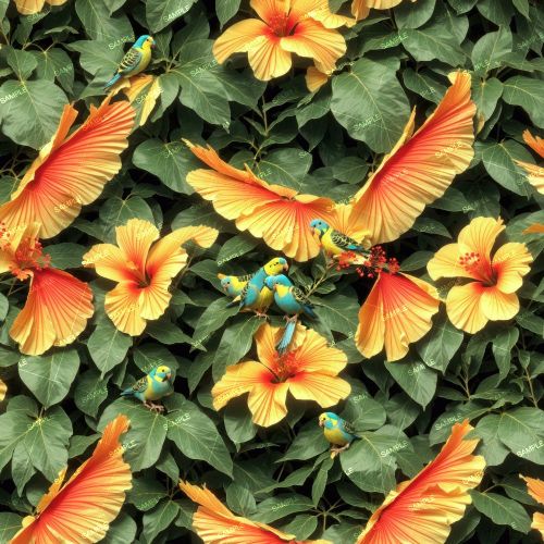 Parakeets in a Hibiscus Bush 42