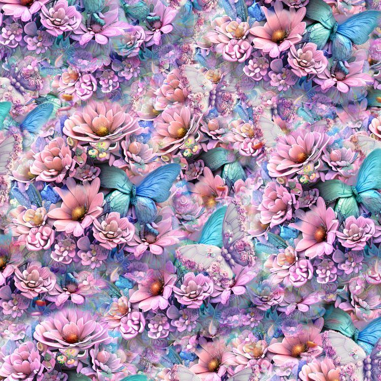 Pink and Teal Flowers and Butterflies