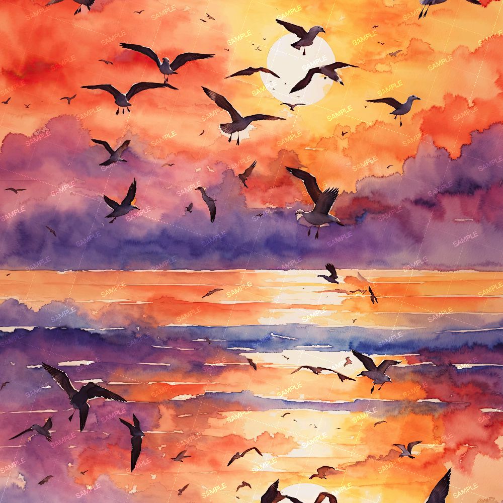 Seagulls at Sunset Watercolor