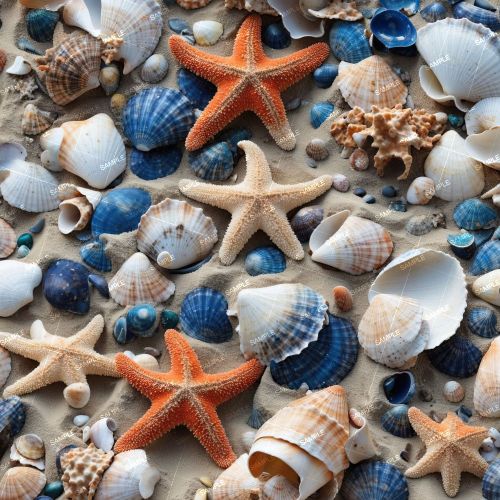Starfish and Seashells on Sand