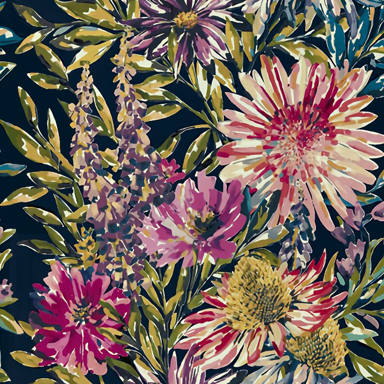 Watercolor Flowers Navy